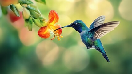 Obraz premium Hummingbird Feeding for Tropical Bloom, Nature.