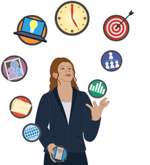 business woman juggling multiple business icons, concept of managing all aspects of business, isolated on a white background