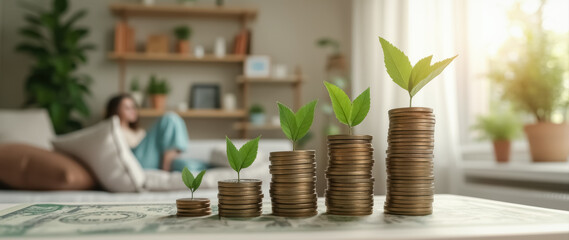 growing money: stacks of golden coins with sprouting plants