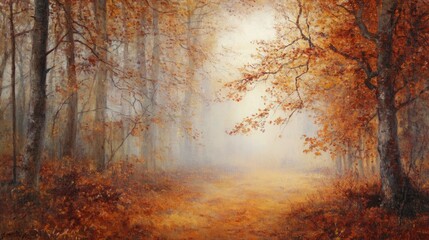 Serene Autumn Landscape with Fog and Orange Leaves in Misty Forest Pathway