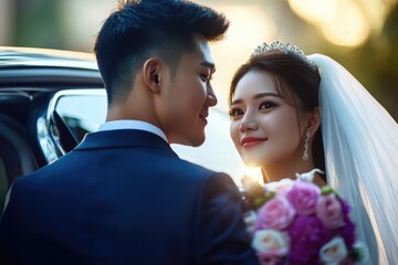 Asian couple's wedding day bliss: bride and groom in elegant attire with joyful expressions