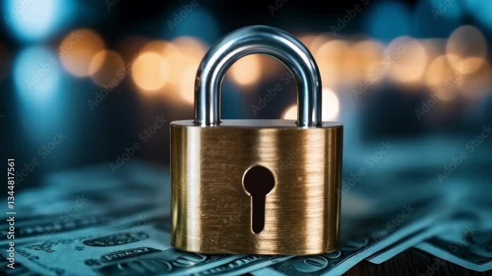 Poster a shiny lock rests on a spread of banknotes, symbolizing security and protection of financial assets