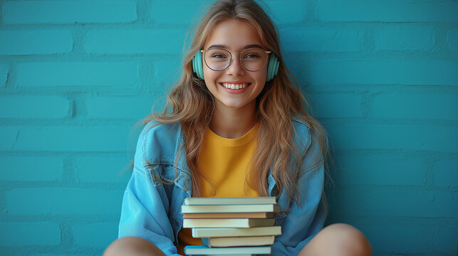 Happy young girl student in blue enjoying reading by a vibrant wall with headphones during sunny afternoon