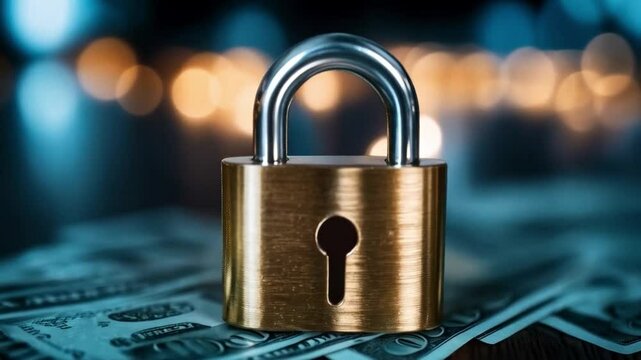 A shiny lock rests on a spread of banknotes, symbolizing security and protection of financial assets. The soft blue and golden lights create an atmosphere of trust and confidentiality.