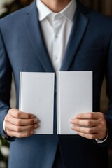 Young caucasian male in suit holding blank books