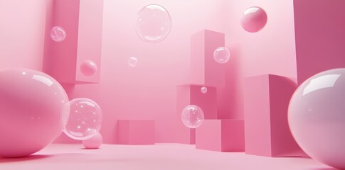 A Pink Abstract Scene With Spheres Cubes And Bubbles