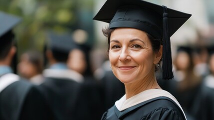 Senior woman gown, smiling brightly at the camera. The cinematic portrait captures her joy and pride in her achievement