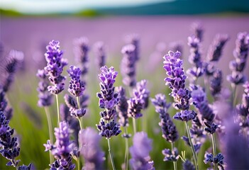Naklejka premium vast lavender field blooms in vibrant purple, spreading fragrance under the warm golden sunlight. 