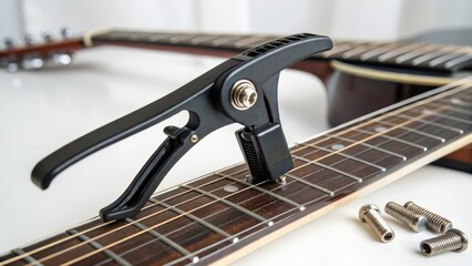 Fototapeta premium Black Guitar Capo on Acoustic Guitar Neck