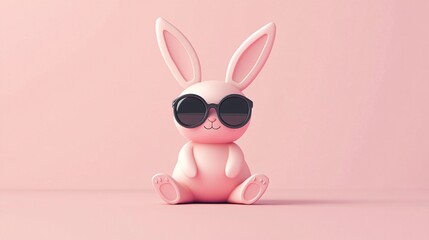 Adorable white Easter bunny wearing black sunglasses on pastel pink background, cute stylish rabbit, spring holiday, fun animal portrait