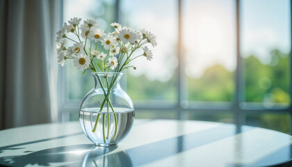 Crystal vase with flowers in serene setting by sunlight, tranquility