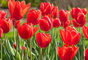 Obraz premium vibrant red tulip garden, blooming with rich color, creating a stunning and lively landscape. 