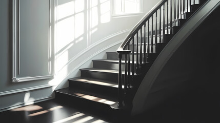 An ebony handrail on a sweeping staircase, its polished surface gleaming in soft sunlight streaming through a nearby window. Gleaming Ebony. Illustration