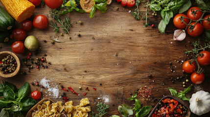 A rustic wooden table filled with fresh ingredients like tomatoes, basil, garlic, pasta, spices, and herbs, providing a colorful culinary backdrop with space in the center for text or presentation
