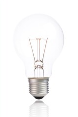 Clear light bulb with reflection and visible filament isolated on white background