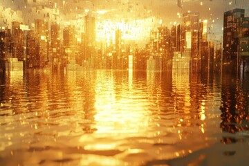 A futuristic golden city reflecting across a rippling water surface
