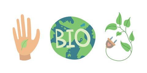 Eco hand, bio planet, and plug with green leaves icon set. Promotes renewable energy, sustainable development, clean power, and responsible environmental practices.