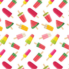 Summer holiday seamless pattern with fruit ice cream. Frozen juice from watermelon, kiwi, orange, strawberry, berries. Repeating vector background, for holiday, birthday, gift wrap, decoration.