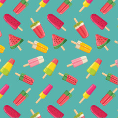 Summer holiday seamless pattern with fruit ice cream. Frozen juice from watermelon, kiwi, orange, strawberry, berries. Repeating vector background, for holiday, birthday, gift wrap, decoration.