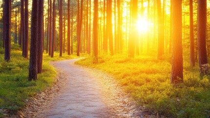 Naklejka premium Winding path through golden forest at sunset