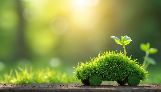 Grass covered car model with plant sprout on green bokeh nature background. Eco transport concept symbolizes eco friendly vehicle, carbon neutral sustainable future.