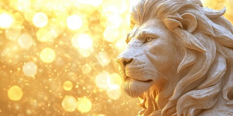 Obraz premium A majestic stone lion statue with golden light and bokeh