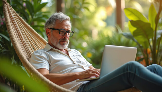 Mature man with laptop sits in hammock surrounded by tropical plants in outdoor setting. Wears casual clothes, eyeglasses. Remote work, freelance, serene atmosphere, nature, relaxation, lifestyle,