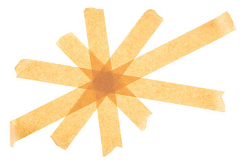 Yellow adhesive paper tape isolated on a white background, top view. Masking tape streaks.