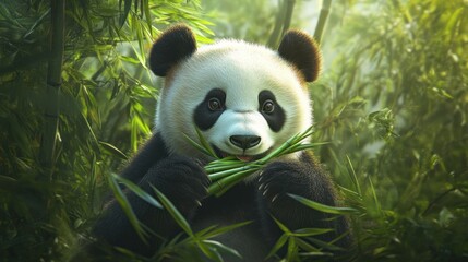 Obraz premium Panda Eating Bamboo in Lush Forest. (1)
