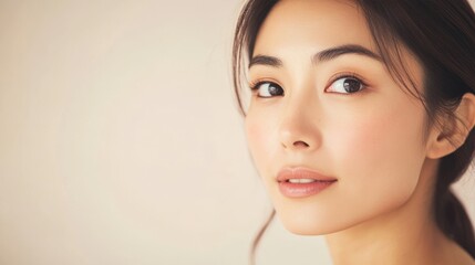 Fototapeta premium close-up portrait of a beautiful asian woman with natural beauty look, soft lighting, and neutral background, gentle pose highlighting skincare perfection, copyspace on the left concept of skincare