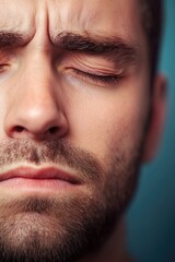 Obraz premium Adult caucasian male with closed eyes and beard expressing emotion