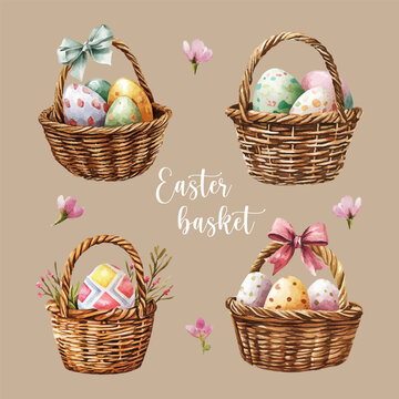 Set of Easter baskets with decorated eggs, flowers painted in watercolor. Holiday elements for poster, card, print