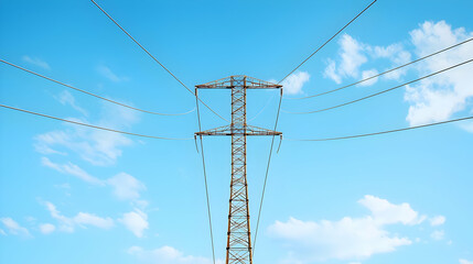 Obraz premium Metallic Power Transmission Tower with Overhead Cables Against a Blue Sky and Scattered Clouds