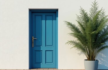 Exterior shot of blue entrance door in white wall. House plant on the side in the pot. Door with handle, home entrance concept, architectural design, facade background, front view.