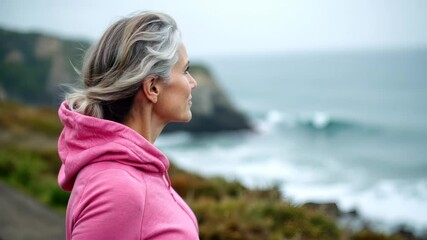 Smiling mature woman standing by the ocean enjoying a nature moment in her free time.