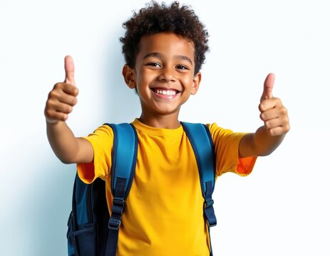 Happy schoolboy shows thumbs up gesture. Young African American kid with backpack smiles, expresses approval, success. Back to school concept, education. PNG cutout on transparent background. - Powered by Adobe