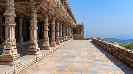 Obraz premium Intricate Stone Carvings Adorn Architectural Exterior Of A Historical Structure In Rajasthan India