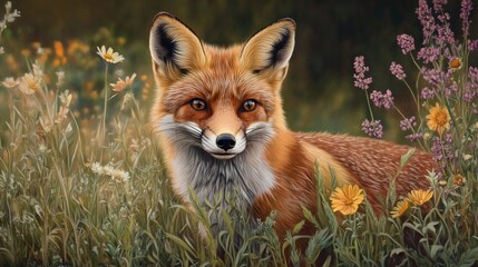 Fototapeta premium Red Fox in Wildflower Meadow.