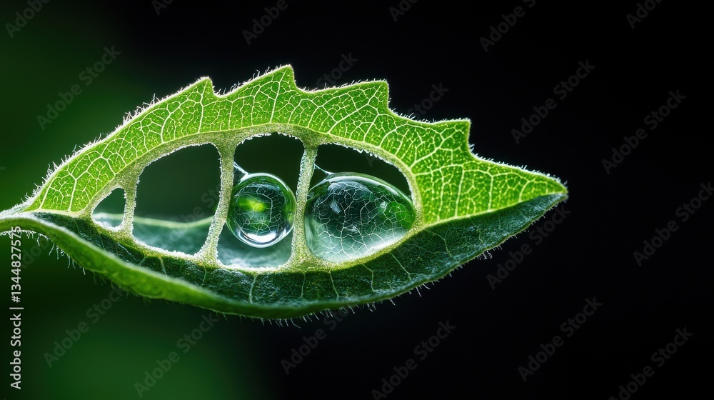 Poster a leaf with a hole in it and a drop of water in the middle