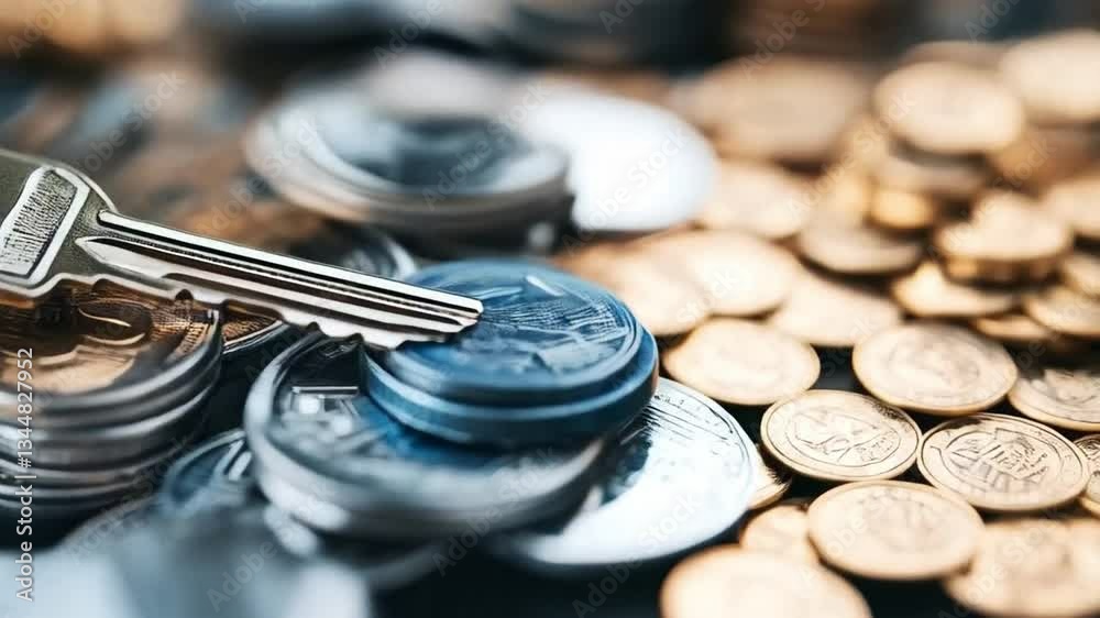 Aufkleber A collection of coins neatly stacked with a key resting on top, emphasizing the importance of privacy and security in financial transactions. This setup suggests a focus on safeguarding wealth.