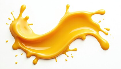 Bright splash of melted cheese against white backdrop. Saturated yellow, orange colors, wavy flow. Creamy dairy liquid concept for cheeseburger, pizza or sauce ad.