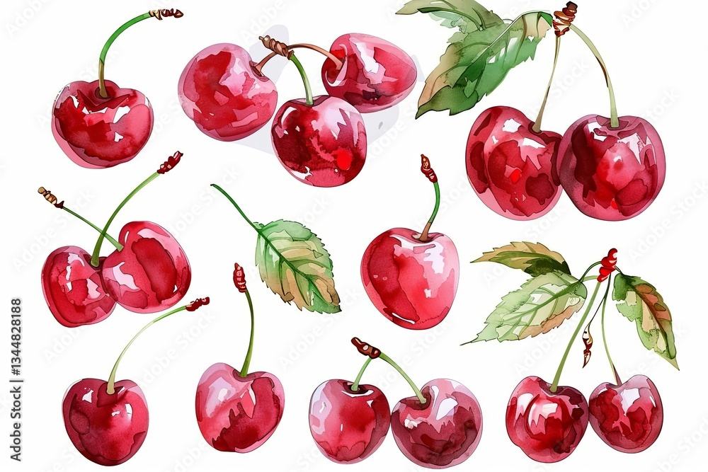 Poster collection of vibrant cherries in watercolor style showcasing red fruit and green leaves isolated on