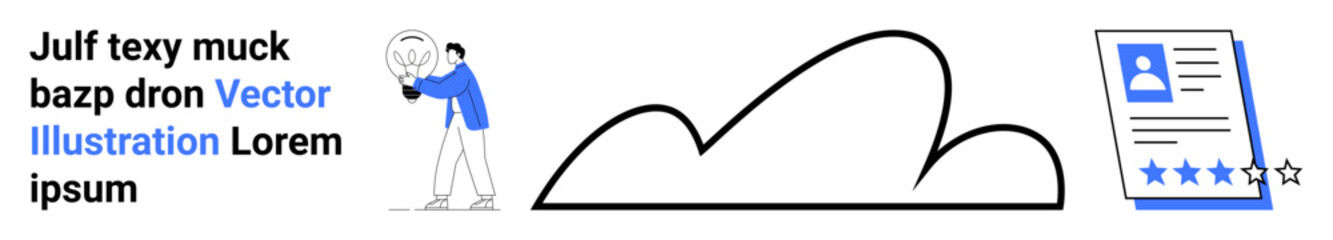 Person holding a globe, abstract cloud shape, and a profile card with a star rating. Ideal for teamwork, global research, cloud service, user profile, networking, creativity simple landing page