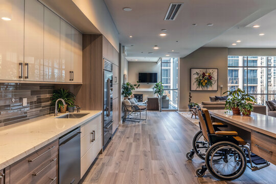 Modern wheelchair accessible apartment with open-concept kitchen, stylish decor, natural light and inclusive interior design