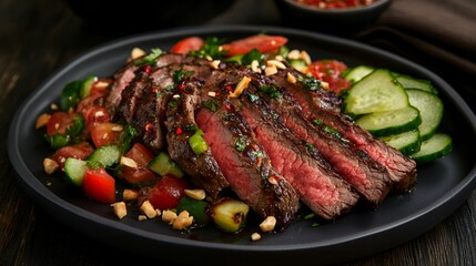 beef salad with green herbs and spicy flavors