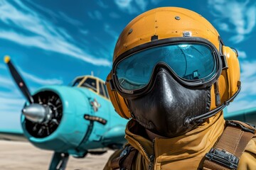 Naklejka premium Confident Aviator in Front of Vintage Aircraft with Eagle Motif and Bright Blue Sky Background