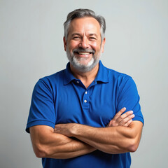 Fototapeta premium Middle-aged man with salt and pepper beard smiles. He wears blue polo shirt, arms crossed, stands on white background. Confident happy mature male portrait in casual attire. Success concept.