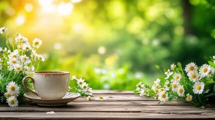 Fresh morning cup of tea in a garden setting