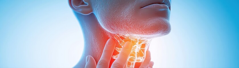 Fototapeta premium Close-up Concept of a Person Touching Their Sore Throat While Experiencing Discomfort