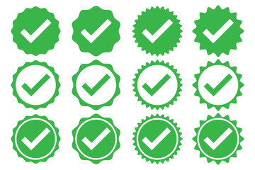 Whatsapp verified profile badge. Green verified badge icon. Social media account verification icon. Green check mark sign. Guaranteed safety person sign. Approved tick profile.  